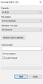 Set File System to FAT32, Allocation Unit Size to 32 kilobytes, and check Quick Format. Leave the Volume Label blank. Click Start.